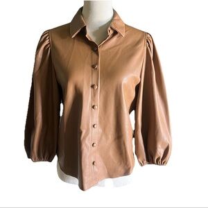 Marc New York Puff Sleeve Camel Faux Leather Button Blouse XS Boho Whimsy Classy